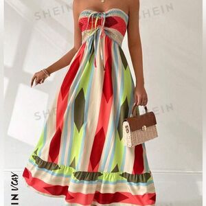 Women's Summer Geometric Print Bandeau Dress With Front Tie